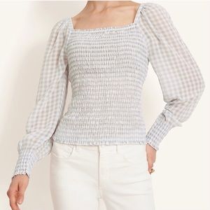 Ann Taylor Smocked Square Neck Long Sleeve Gingham Top